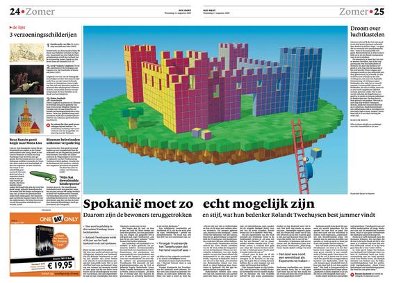 Newspaper spread, featuring a voxel-style illustration of an air castle being built by a stylized character climbing a long ladder.
