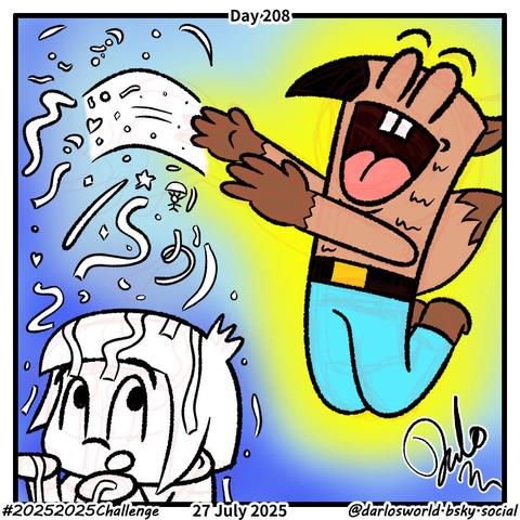 Drawing of Bunsen throwing streamers over Darlo.