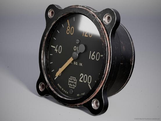 Circular metal gauge with 0 40 80 120 160 and 200 markers  for oil in LBS per SQ. IN. 
Original made by the US Gauge Co NY.
Glass and worn edges and rust added to the model.