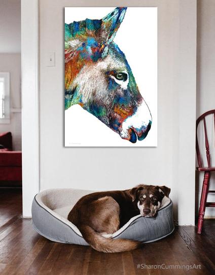 Colorful donkey art on white over a dog in a bed by artist Sharon Cummings.