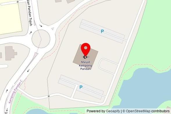 A zoomed out map with a pin at the position of Kampong Pandan Mosque, Simpang 69, Kuala Belait, Belait District KA1931, Brunei