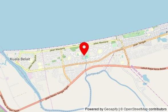 A partially zoomed out map with a pin at the position of Kampong Pandan Mosque, Simpang 69, Kuala Belait, Belait District KA1931, Brunei