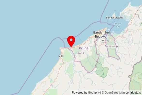 A map showing the area of Kuala Belait with a pin at the position of Kampong Pandan Mosque, Simpang 69, Kuala Belait, Belait District KA1931, Brunei