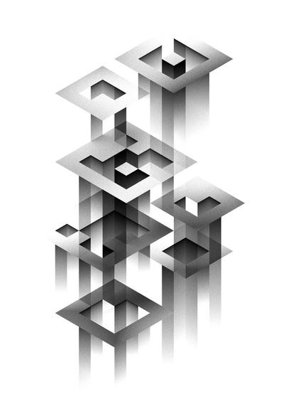 an abstract black and white composition of squares cascading and blending with each other