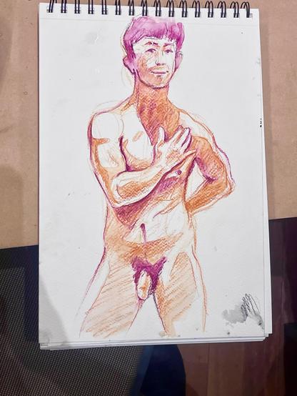 A life drawing of a nude male model in watercolor pencil