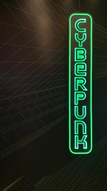 Cyberpunk sign in a vertical lozenge with green neon. Rather cool.
