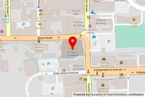 A zoomed out map with a pin at the position of St. Paul's Cathedral, Royal Street, Victoria, Seychelles