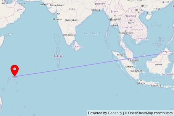 A map showing the great circle route from Kuala Belait in Brunei Darussalam to a map pin at St. Paul's Cathedral, Royal Street, Victoria, Seychelles