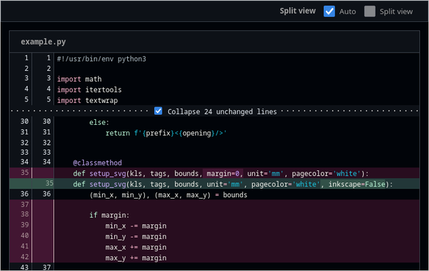 Screenshot of a website showing an unified diff of an example file. The diff has two columns of line numbers of the left side, and highlights deletions and additions in two colors. In the middle of the screenshot there is a dotted line with a checkbox labelled "Collapse 24 unchanged lines".