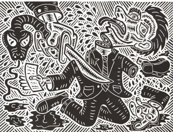 Richard Mock, Enron Employee Severance, 2002 Linocut, 5/80. Shows a hand, with a dagger slicing up a man in a suit. Dagger has a snake head for a handle.
