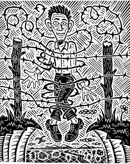 Richard Mock, Refugee, 1994, Linoleum block print, Edition: 2/50, 21" X 17 1/8".