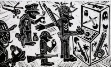 RICHARD MOCK, VIDEO GAMING CENTRAL AMERICA, LINOCUT. Depicts soldiers playing military-style video game, or looking on, with actual weapons out, and bags of money.