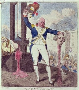 Graphic painting depicting the execution of Robespierre by guillotine. Shows his headless body, still lying on the bench at the guillotine, with his neck spewing copious amounts of blood, and a soldier in blue uniform holding Robespierre’s head, as it, too, spews copious amounts of blood.