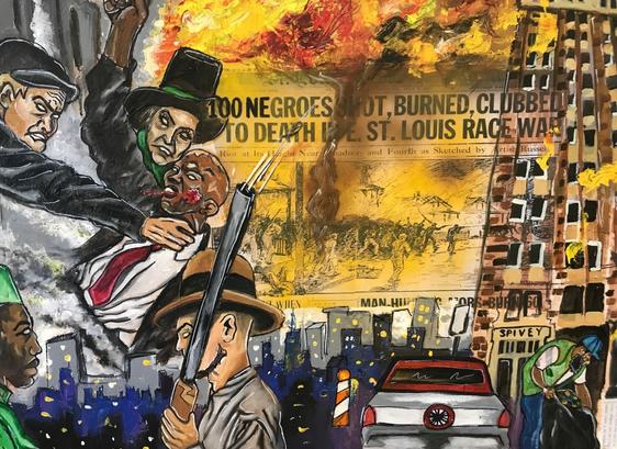 Photograph of Mykael Ash’s painting that depicts the 1917 East Saint Louis Massacre. He used spent shell casings from recent gun violence in his hometown of East Saint Louis.