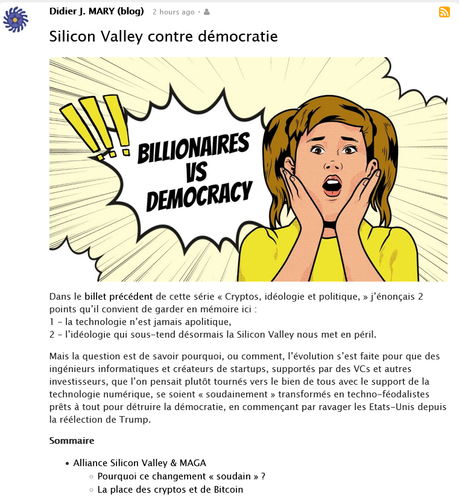 Screenshot of the latest post (in French) from my blog, as seen in Friendica, working as a RSS reader.