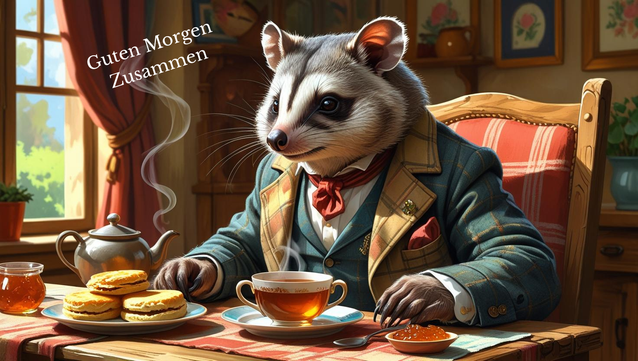 Offensichtlich KI generiertes Bild eines alten Opossums das an einem gedeckten Frühstückstisch platz genommen hat 
In der oberen Linken Ecke eine Textzeile: Guten Morgen Zusammen