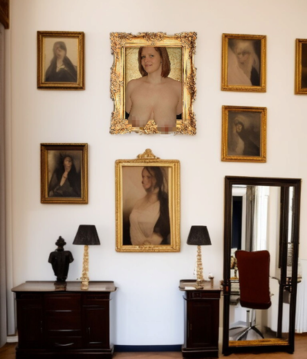Das Bild zeigt eine elegante Wanddekoration in einem Raum. Auf der weißen Wand sind sieben Gemälde in goldenen Rahmen angeordnet. Die zentrale Figur ist ein großes, auffälliges Gemälde mit einem goldenen Rahmen, das eine nackte Frau zeigt, deren Gesicht und Brust durch Pixelierung verdeckt sind. Um dieses Gemälde herum sind weitere Porträts in ähnlichen goldenen Rahmen angeordnet, darunter ein Gemälde einer Frau in einem weißen Kleid und ein weiteres, das eine Frau mit dunklem Haar zeigt. Unter dem zentralen Gemälde befindet sich ein kleineres Gemälde einer Frau in einem weißen Kleid. Auf beiden Seiten des Gemäldes stehen dunkle, antike Schubladen mit goldenen Beleuchtungselementen und schwarzen Lampenschirmen. Rechts neben den Schubladen steht ein großes, schwarzes Spiegelbild, das einen Teil des Raumes und einen roten Stuhl im Hintergrund spiegelt. Die gesamte Anordnung vermittelt einen klassischen und kunstvollen Eindruck.