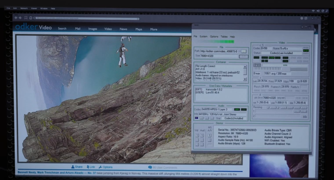 A screenshot from Elementary S05E07. The image shows footage of a base jumper to the left and to the right a window from an unknown metadata analysis program. The metadata shows information about codec, features of the camera used to take the footage, and so on.
