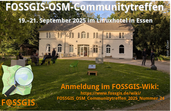 Bild zeigt Linuxhotel im Sonnenschein. Schriftzug: FOSSGIS-OSM-Communitytreffen, 19.-21. September 2025 im Linux-Hotel in Essen, Anmeldung im FOSSGIS-Wiki + URL zur Wikiseite; FOSSGIS e.V. Logo, OpenStreetMap-Logo. #OSM #FOSSGIS  #OpenStreetMap #OSGeo #OpenSource #Community