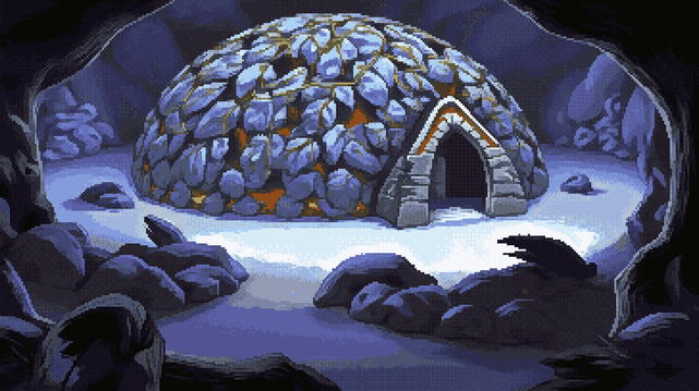 Pixel art of a cavern’s breath, exhaled in cool stone and dust, where boulders are the scattered teeth of a forgotten giant and the ground a sea of powdered memory. A dome rises, a petrified heart pulsing with internal fireflies, its surface a tapestry woven from granite and the skeletal embrace of clinging vines. Light bleeds from within, a subterranean sun caught in a cage of grey, illuminating a doorway carved with the precision of a dream. The space recedes into a darkness that tastes of silence, a swallowing maw of rock where shadows are liquid and the air hangs heavy with the weight of ages, the whole scene a geological poem etched in monochrome.
