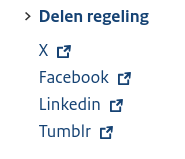 Screenshot van de deelopties voor het delen van een internetconsultatie: Vier opties naar niet door publieke waarden gedreven platforms. #Mastodon ontbreekt.