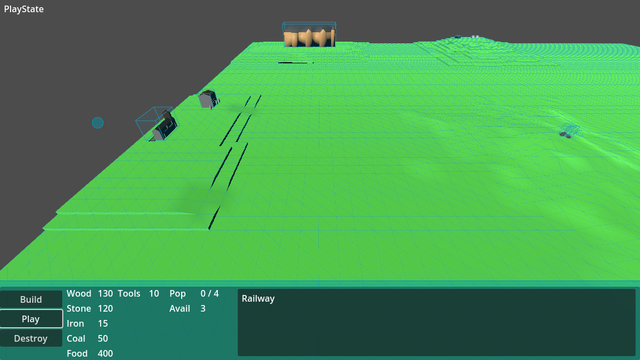 Screenshot of game.
Green background with a Manor house in the background, a railway and hotel to the left.
Everything has blue collider boxes.
A clue circle show the mouse collider to the left of the railway, but the UI shows Railway has been clicked