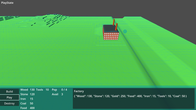 Screenshot of game.
Green background with a Factory
Everything has blue collider boxes.
A clue circle show the mouse collider to the Right of the Factory, but the UI shows Factory has been clicked, revealing it's inventory