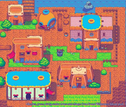 Mockup showing a colourful town built using both the Green Wilderness and the Nearby Village tilesets.