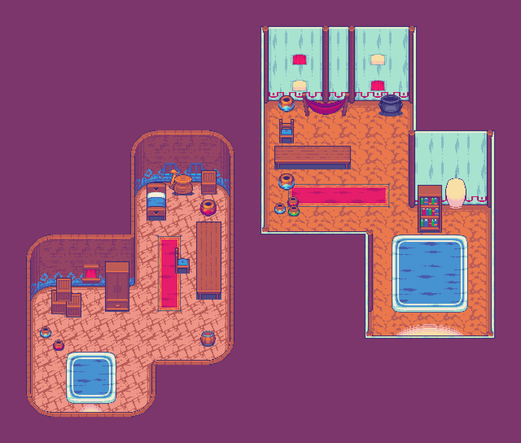 Mockup showing how the Nearby Village tileset can be used to build interiors.