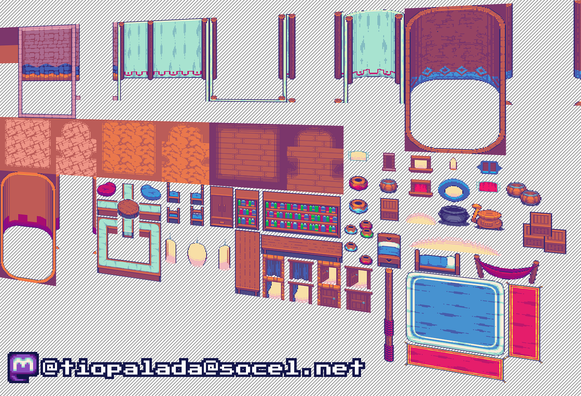 Distorted screenshot showing all that is available for interiors on the Nearby Village tileset.
