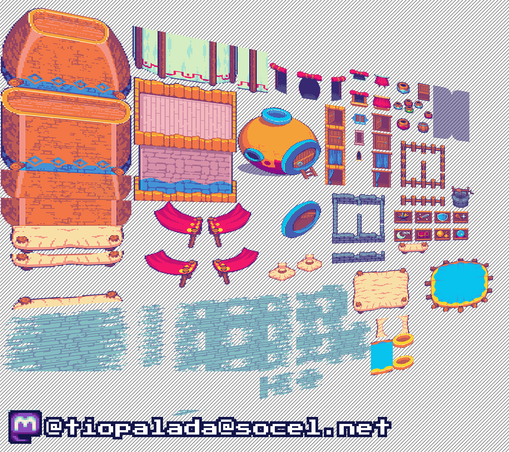 Skewed screenshot showing all that is available for exteriors on the Nearby Village tileset.