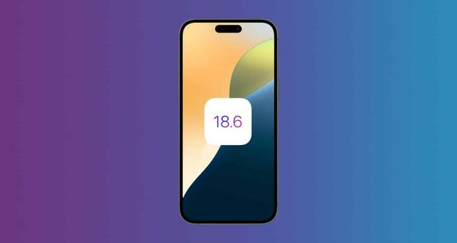 Lila-blauer Farbverlauf, im Vordergrund ein iPhone mit einem bunten Wallpaper und einem mittigen Icon mit der Zahl 18.6 darauf.