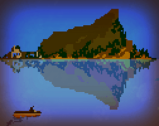 Intro image from "The Vaults of Minos" - a small boat encloses to an island that mirrors dramatically in the sea.