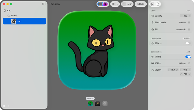 Xcode's icon composer showing an icon with a black cat on a green background