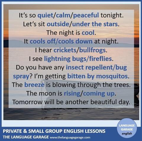 English vocabulary for quiet summer evenings, image of a rowboat and a lake at sunset