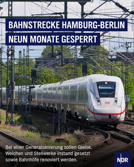 Bild: Ein ICE fährt über Zugschienen. Links und rechts sind weitere Schienenstrecken.

Text: Bahnstrecke Hamburg-Berlin neun Monate gesperrt
Bei einer Generalsanierung sollen Gleise, Weichen und Stellwerke instand gesetzt sowie Bahnhöfe renoviert werden.