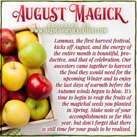 A small crate full of red, yellow, and green apples sits on a white wooden tabletop. The text describes what sort of magickal energy you can expect for the month of August and how to utilize it. Presented by Inked Goddess Creations.