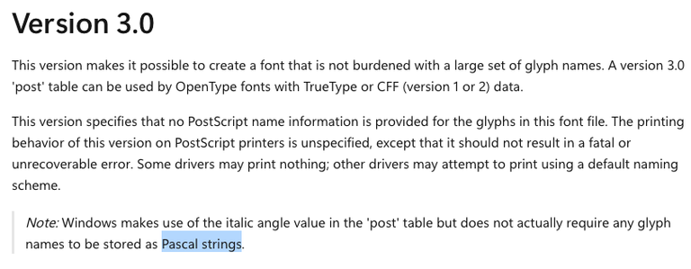 post table version 3.0

Note: Windows makes use of the italic angle value in the 'post' table but does not actually require any glyph names to be stored as Pascal strings.