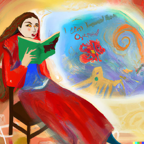 woman in a red dress sitting in a chair and reading a book while images swirl around her head
