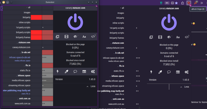 Side by side comparison of uBO's dropdown matrix window. LHS shows its correct appearance, with Nightly's native Contrast Control returned to Automatic rather than my custom dark-mode. RHS shows it with said d/m invoked, more or less breaking one's ability to do the usual filter finessing, as all the matrix colours are obliterated.