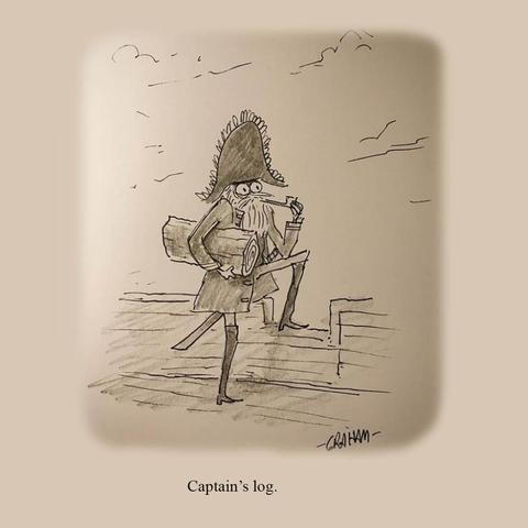 A cartoon illustration of an intense looking Captain of an old ship holding a log. Caption reads "Captain's log."