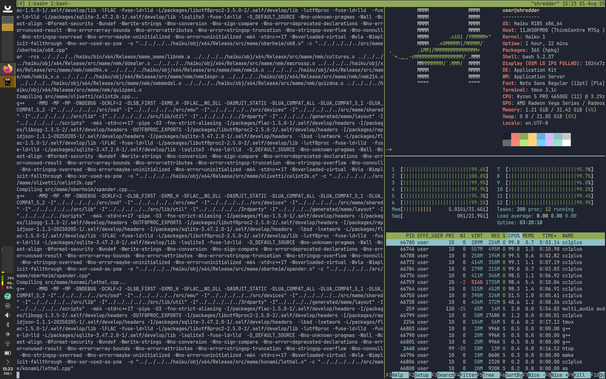 Screenshot of a tmux session running on Haiku, viewed from Arch Linux running KDE Plasma.