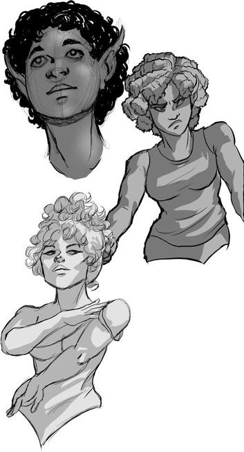 A page of grayscale sketches of female characters from the webcomic FaerieTales