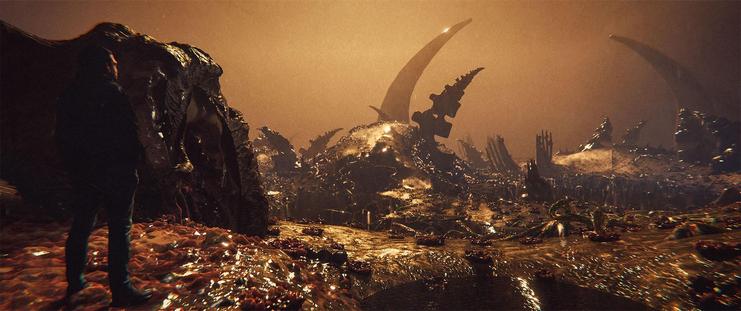 Wide shot, exterior, "day" -

The sky is a near black red, and the "sun" was weak and the temperature of candlelight through the fog.  The air was still, and smelled of musky blood and body fluids.  Everything was made of flesh, of bone, or effluvia.   Towers of rib and spine like bones ripped their way out of the meat that was the ground.  A man stands in the foreground.