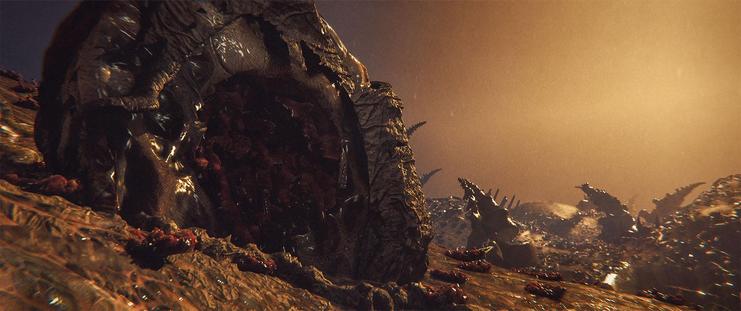 Wide shot, exterior, "day" -

The sky is a near black red, and the "sun" was weak and the temperature of candlelight through the fog.  The air was still, and smelled of musky blood and body fluids.  Everything was made of flesh, of bone, or effluvia.   Towers of rib and spine like bones ripped their way out of the meat that was the ground.