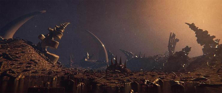 Wide shot, exterior, "day" -

The sky is a near black red, and the "sun" was weak and the temperature of candlelight through the fog.  The air was still, and smelled of musky blood and body fluids.  Everything was made of flesh, of bone, or effluvia.   Towers of rib and spine like bones ripped their way out of the meat that was the ground.