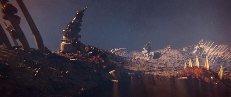 Wide shot, exterior, "day" -

The sky is a near black red, and the "sun" was weak and the temperature of candlelight through the fog.  The air was still, and smelled of musky blood and body fluids.  Everything was made of flesh, of bone, or effluvia.   Towers of rib and spine like bones ripped their way out of the meat that was the ground.
