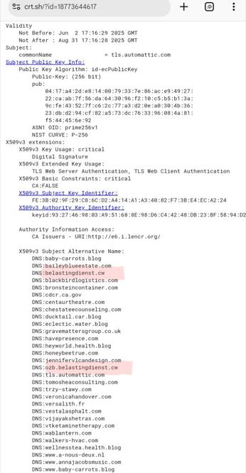 Screenshot van een deel van https://crt.sh/?id=18773644617

Zie https://www.security.nl/posting/899270/baby-carrots+en+belastingdienst voor de alle genoemde websitenamen (domeinnamen) waar dit certificaat geldig voor is (tot 31 augustus).