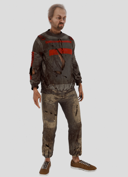 A human man in his 50s, wearing dirty and torn clothing.