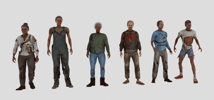 Screencap from Blender of 6 people, 3 men and 3 women, in torn and bloody clothing.